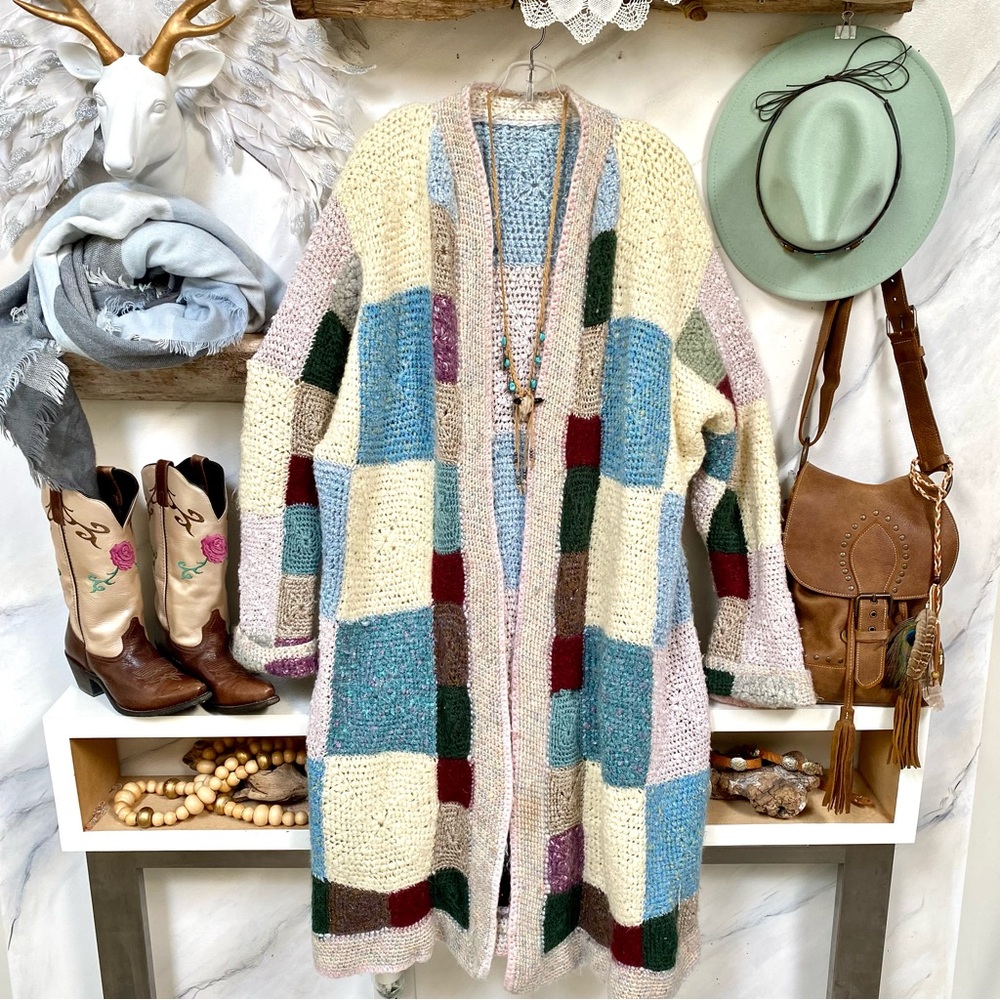 SOLD⭐️Artisan Patchwork Duster boho wool jacket sweater hippy granny vibe - Picture 6 of 16